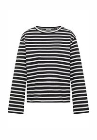 Mustvalge triibuline pika varrukaga särk, ümmarguse kaelusega ja veidi lühem lõikega; pehme puuvillane kangas; sirgete lõikega varrukad.