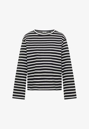 Fekete-fehér csíkos, hosszú ujjú póló kerek nyakkivágással és enyhén rövidített fazonnal; puha pamut anyag; egyenes szabású ujjakkal.