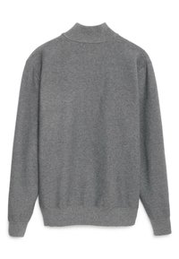 Maglione grigio realizzato in tessuto lavorato a maglia, con colletto e polsini a coste, vestibilità comoda e motivo testurizzato sulla superficie.
