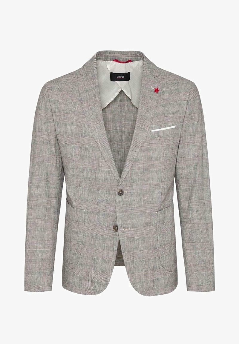 Blazer gris clair avec un motif à carreaux subtil, deux poches avant, un mouchoir de poche blanc et un accent en forme d'étoile rouge sur le revers.