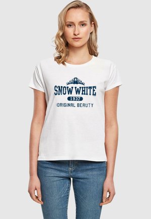 Weißes Baumwoll-T-Shirt mit navyfarbigem Grafikdesign, das "SNOW WHITE", "1937" und "ORIGINAL BEAUTY" beinhaltet. Kurze Ärmel und entspannter Schnitt.