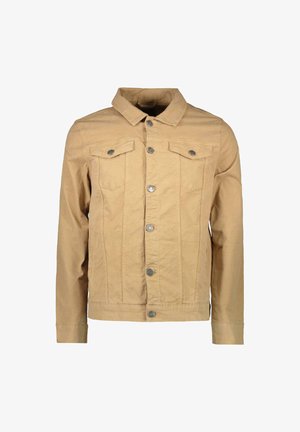 Beige denimjack met kraag, zilveren details, twee borstzakken en knoopsluiting. Heeft een rechte snit en lange mouwen.