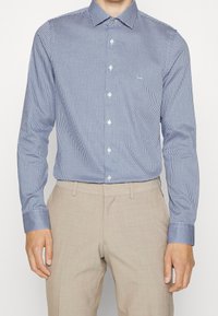 Blå och vit rutigt långärmad skjorta med spetsig krage, knappstängning framtill och kontrasterande manschettdetalj, tillverkad av ett slätt tyg.