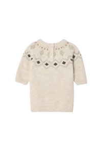 Hellbeige gestrickter Pullover mit kurzen Ärmeln, rundem Halsausschnitt und dekorativem Muster aus grünen, schwarzen und pinken Formen. Mit Knopfverschluss im Rücken.