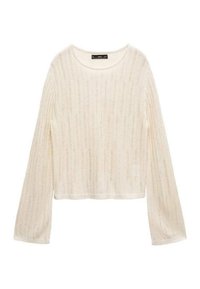 Vaaleankermanvärinen pitkähihainen neulepaita, jossa on lyhyt leikkaus, resoroitu pinta ja leveät hihat, valmistettu hengittävästä materiaalista.