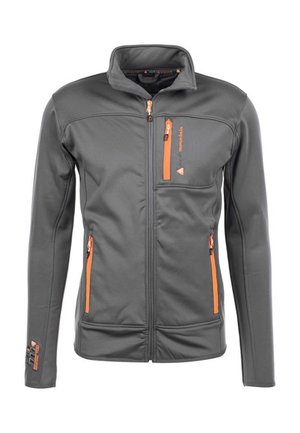 Veste softshell grise avec col haut, accents de fermeture éclair orange, deux poches latérales et une poche poitrine. Texture lisse et design ajusté.