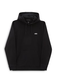 Sweat à capuche en coton noir avec une poche avant, une capuche ajustable avec cordon de serrage, et un logo "VANS" blanc brodé sur la poitrine gauche.