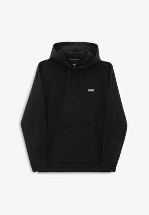 Musta puuvillainen huppari, jossa on etutasku, säädettävä kiristysnauha hupussa ja valkoinen "VANS"-logo vasemmalla rinnalla kirjailtuna.