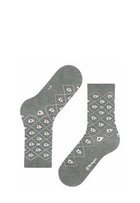 Graue Baumwollsocks mit einem Rautenmuster und kleinen roten und weißen Blumenelementen. Mit Logo an der Unterseite.