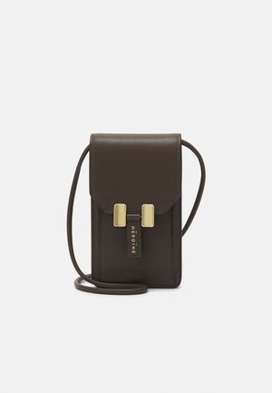 Small dark brown leather crossbody bag with gold-tone clasp and thin strap, branded "HEROINE" on front tab.