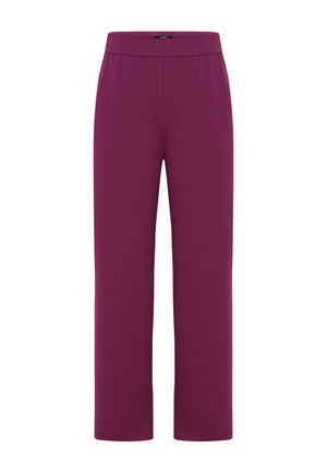 Pantalon à jambes droites de couleur violet foncé uni, avec une taille élastique et une finition lisse, conçu pour un usage décontracté.