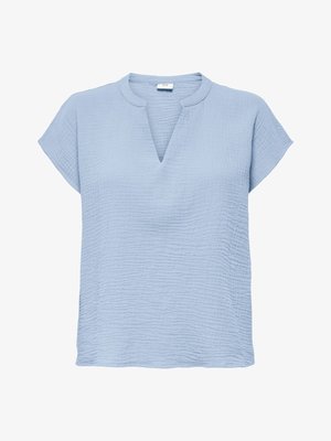 Light blue short-sleeve textured blouse with a round neckline and a small V-shaped notch at the front center.