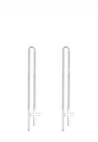 Boucles d'oreilles en argent avec de longues maillons, dotées d'une barre verticale et d'un pendentif croix. Texture lisse et design minimaliste.