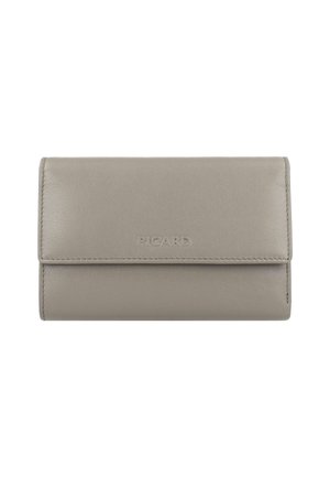 Gray leather wallet with fold-over flap, featuring embossed "PICARD" logo. Smooth texture and neat stitching. Compact rectangular shape.
