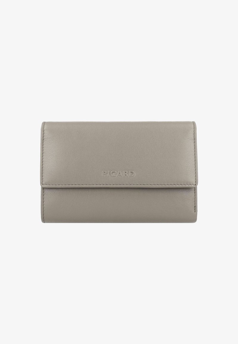 Graue Lederbörse mit Klappe, die das geprägte "PICARD"-Logo zeigt. Glatte Textur und saubere Nähte. Kompakte rechteckige Form.