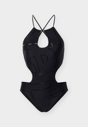 Μαύρο ολόσωμο μαγιό με λεπτούς λουριάδες που διασταυρώνονται στους ώμους, μπροστινή λεπτομέρεια με άνοιγμα σε σχήμα κλειδιού και αφηρημένα υφασμάτινα σχέδια σε όλη την επιφάνεια.