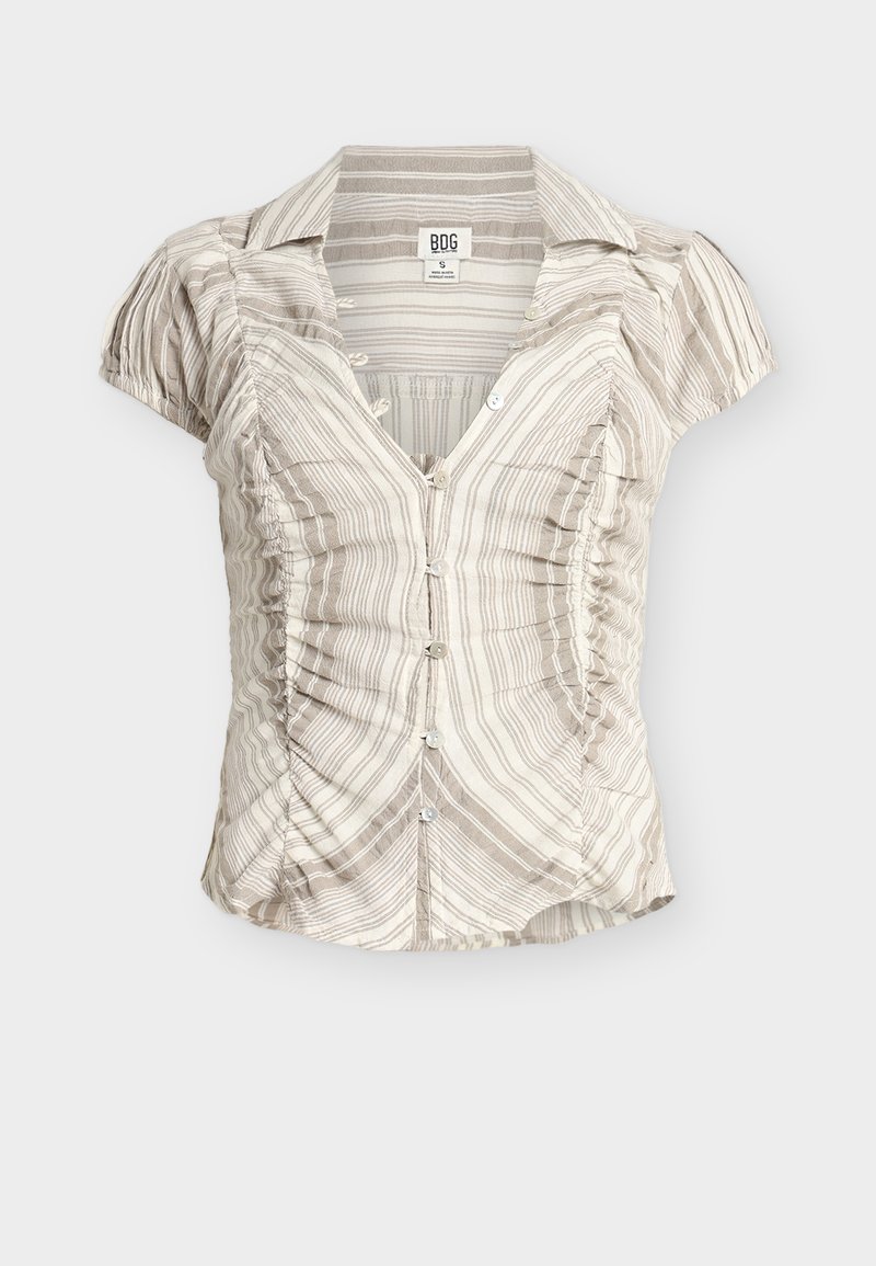 Μπεζ και λευκή ριγέ γυναικεία μπλούζα με κοντά μανίκια και κουμπιά, με λαιμόκοψη V, ρυτιδωμένο μπροστινό μέρος και μικρό γιακά, μέγεθος μικρό.