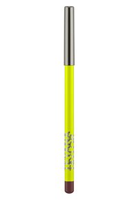 Crayon contour des lèvres jaune avec un capuchon en métal et une mine marron. Présente un logo audacieux sur le long de la tige. Texture lisse, design compact.