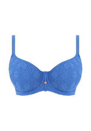 Blauwe kant beha met beugel, voorzien van een geometrisch patroon, verstelbare banden en een gouden accent aan de voorkant. Gladde textuur.