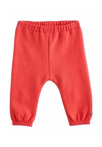 Röda bomullsträningsbyxor med elastisk midja och samlade muddar, med en slät textur och en enkel design. Inga fickor eller mönster.