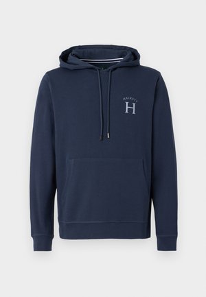 Granatowa bluza z kapturem wykonana z mieszanki bawełny, z przednią kieszenią kangurką, haftowanym logo oraz regulowanym sznurkiem.