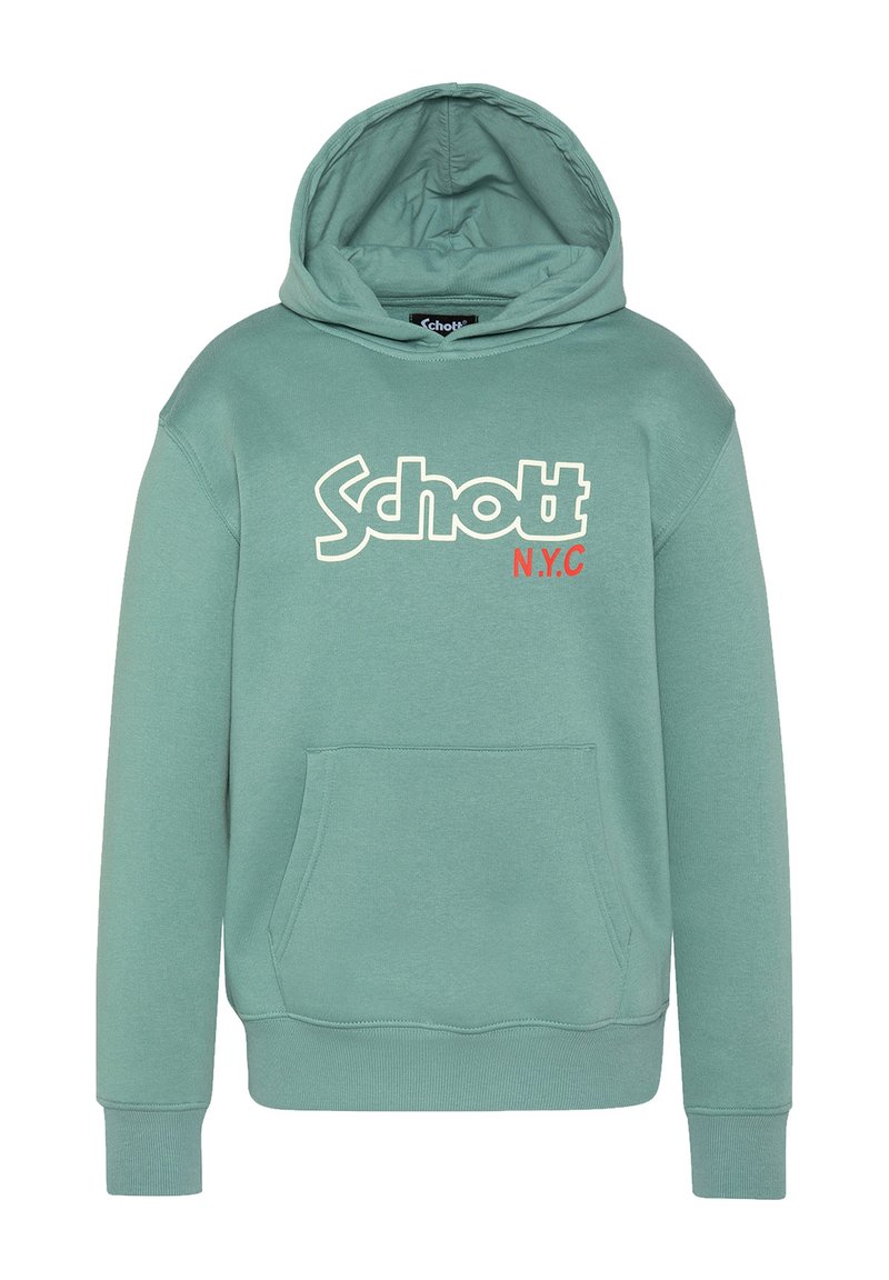 Felpa verde menta con tasca a marsupio, presenta il bold bianco "Schott" e il dettaglio rosso "N.Y.C" sul davanti. Materiale in morbido cotone.