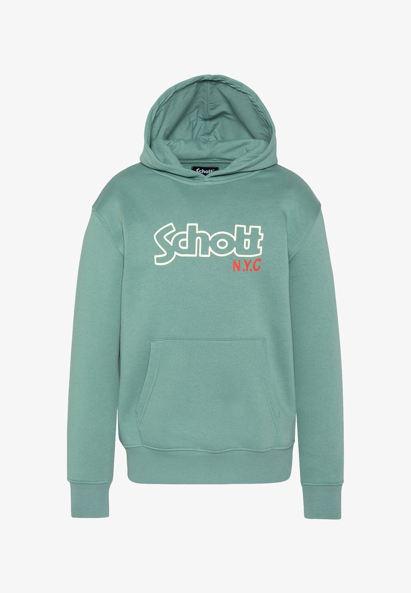 Felpa verde menta con tasca a marsupio, presenta il bold bianco "Schott" e il dettaglio rosso "N.Y.C" sul davanti. Materiale in morbido cotone.