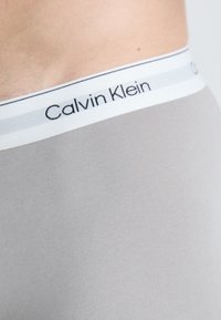Boxer in misto cotone di colore grigio chiaro con una vita bianca che presenta il logo "Calvin Klein" e sottili strisce grigie accentate.