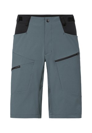 Pantaloncini alla ginocchia blu-grigio con vita nera regolabile e tasche laterali con cerniera.