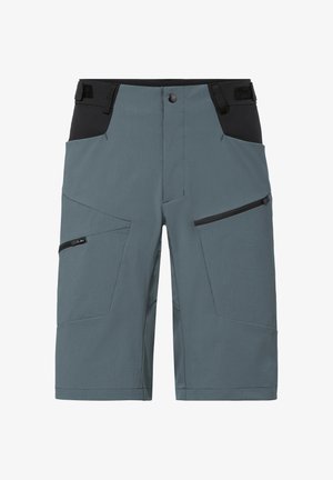 Pantaloncini alla ginocchia blu-grigio con vita nera regolabile e tasche laterali con cerniera.