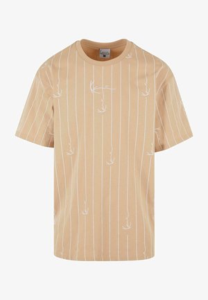 Bežinė trumpomis rankovėmis marškinėliai su vertikaliomis baltomis juostomis ir subtilia abstrakčių formų raštu. Pagaminti iš minkštos, kvėpuojančios medžiagos.