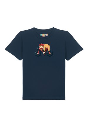 Marinefarbene Baumwoll-T-Shirt mit einem bunten Grafikmotiv eines Cartoon-Charakters, der Fahrrad fährt. Rundhalsausschnitt, kurze Ärmel und eine lockere Passform.