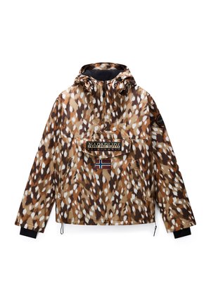 Brown, beige, and white camouflage jacket with a hood, front zip, front pocket with Napapijri logo, and Norwegian flag patch.