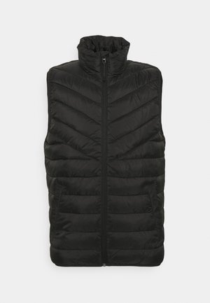 Veste sans manches matelassée noire avec col montant et fermeture éclair à l'avant, dotée de deux poches latérales et d'un motif de couture en chevrons.