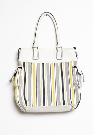Borsa a spalla a righe verticali con strisce gialle, nere e bianche, manici bianchi e tasche laterali con chiusura a scatto.