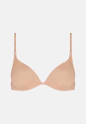 Hellbeige, gepolsterter, dreieckiger Büstenhalter mit verstellbaren Trägern und glattem Textil. Schlichtes Design ohne auffällige Muster oder Verzierungen.