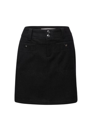 Falda de mezclilla negra con corte recto, dos bolsillos frontales, dos botones metálicos en la cintura y detalles en plata. Tejido texturizado.