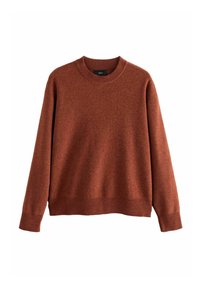 Rustfarbenes langärmliges Rundhals-Pullover mit gerippten Bündchen und Saum, vor einem weißen Hintergrund präsentiert.