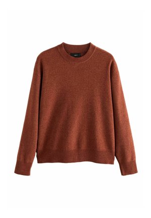 Roostepruun pikki varrukatega emas-sviiter, millel on soonikkoes varrukaotsad ja äär, esitatud valgel taustal.