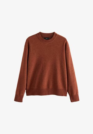 Pulover rugginit cu mânecă lungă și guler rotund, cu manșete și tiv ribbate, expus pe un fundal alb.