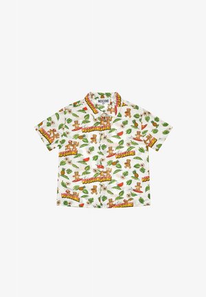 Biała koszula z krótkim rękawem z kolorowymi misiami, tropikalnymi liśćmi, owocami oraz nadrukiem "Moschino" na całej powierzchni.