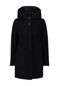 Cappotto in lana nera con una texture morbida, grande cappuccio, due bottoni e tasche laterali; design a taglio dritto. Fodera interna di colore a contrasto.