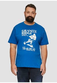 Blue cotton t-shirt with white graphic print, featuring "Granite Ridge" and "Trailhead" text, round neckline, and short sleeves.