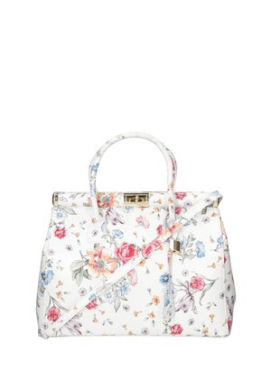 Sac à main floral blanc avec des motifs de fleurs multicolores, deux poignées, une bandoulière détachable et des détails en métal doré.