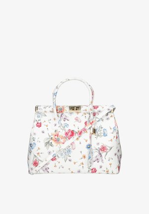 Sac à main floral blanc avec des motifs de fleurs multicolores, deux poignées, une bandoulière détachable et des détails en métal doré.