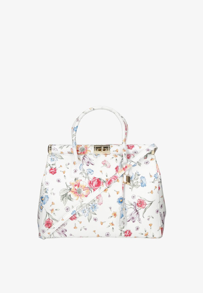 Borsa a mano bianca con motivi floreali multicolori, doppie maniglie, tracolla staccabile e dettagli in hardware color oro.