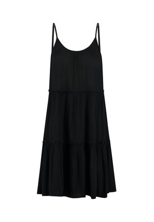 Vestido negro sin mangas con un diseño en capas. Presenta tirantes finos, tejido texturizado y una silueta fluida que termina por encima de la rodilla.