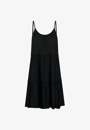 Schwarzes ärmelloses Kleid mit einem gestuften Design. Es hat dünne Träger, strukturierten Stoff und eine fließende Silhouette, die oberhalb des Knies endet.