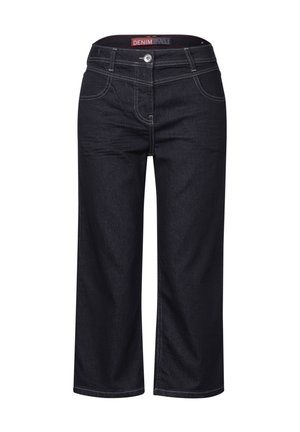 Dark blue denim culottes with a fitted waist, standard button closure, five pockets, and contrasting light stitching.