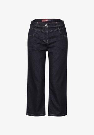 Culotte in denim blu scuro con vita aderente, chiusura con bottone standard, cinque tasche e cuciture chiare a contrasto.